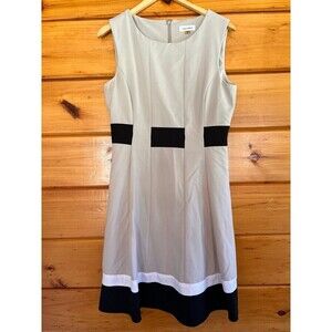 Calvin Klein A-Line Pleated Color Block Dress Tan Black White 10